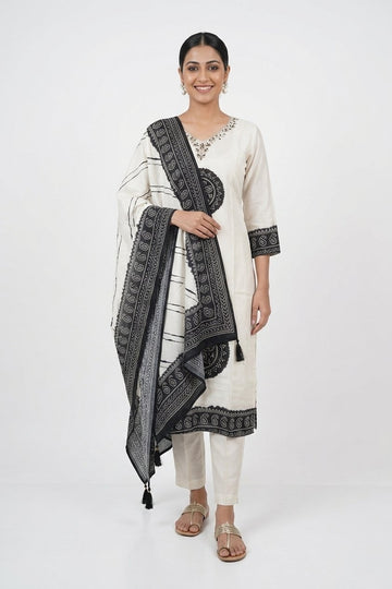 Ivory Black Ethnic Printed Kurta Pant Set With Designer Dupatta
