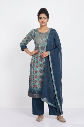 Royal Teal Printed Kurta Palazzo Set With Elegant Dupatta