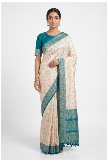 Ivory South Silk Art Tissue Party & Wedding Saree