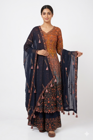 Dark Navy & Rust Embroidered Anarkali Set With Dupatta