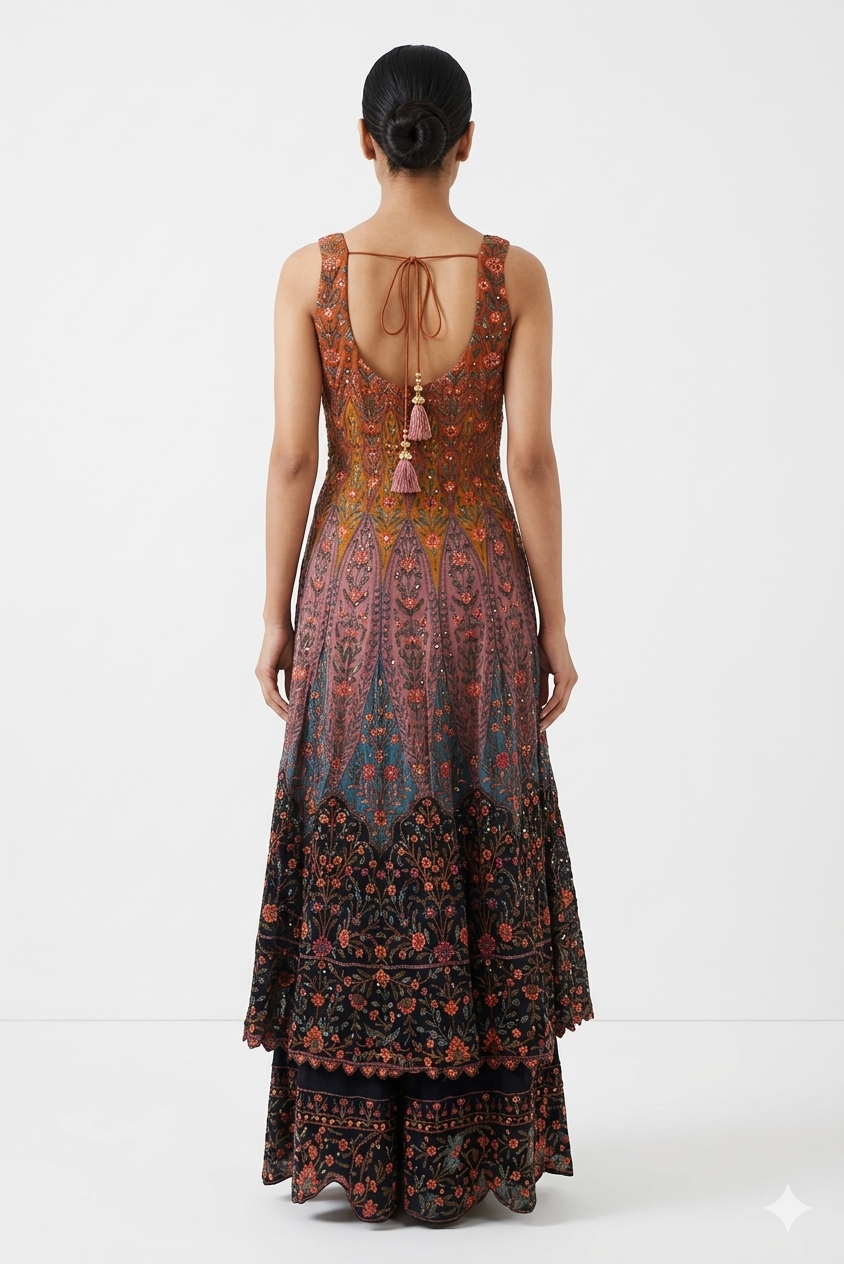 Dark Navy & Rust Embroidered Anarkali Set With Dupatta