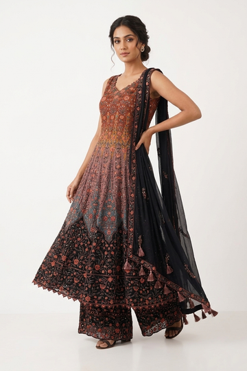 Midnight Black & Rust Embroidered Anarkali Palazzo Set With Dupatta