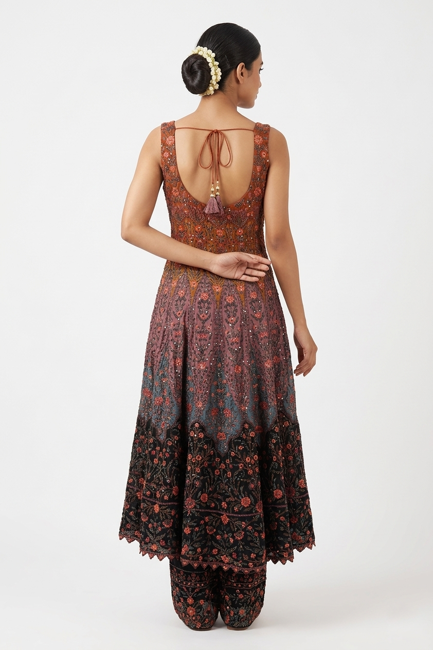 Midnight Black & Rust Embroidered Anarkali Palazzo Set With Dupatta