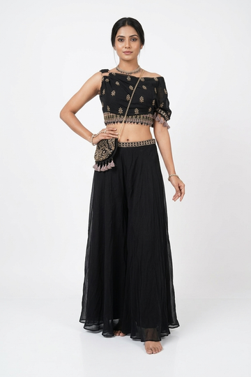Midnight Black Embellished One-Shoulder Lehenga Set With Potli Bag