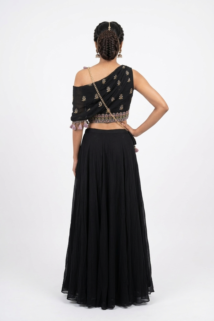 Midnight Black Embellished One-Shoulder Lehenga Set With Potli Bag