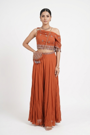 Rust Orange Embroidered One-Shoulder Palazzo Set With Potli & Choker