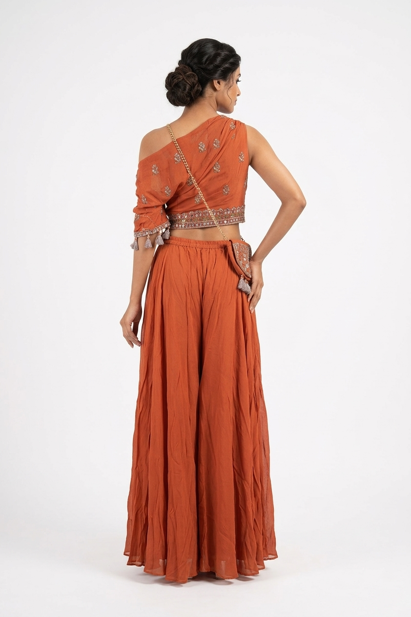 Rust Orange Embroidered One-Shoulder Palazzo Set With Potli & Choker