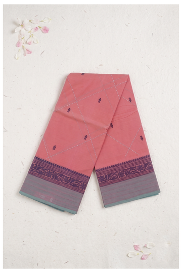Coral Pink Cotton Wedding And Party Wear Saree