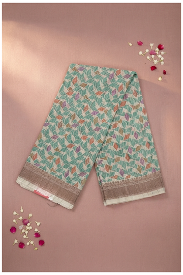 Ecru Printed Cotton Saree For Party Wear