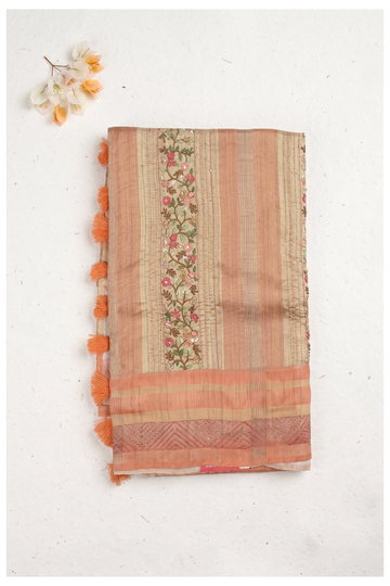 Light Peach Cotton Wedding Party Wear Saree