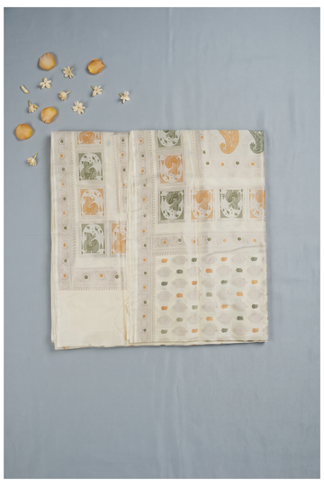 Ivory Banarasi Pure Silk Wedding Party Wear Saree
