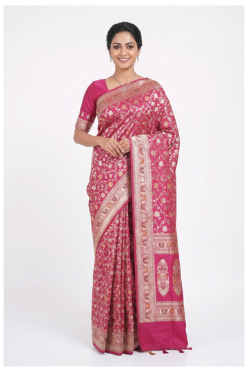 Rani Pink Pure Banarasi Silk Saree With Rich Floral Zari Jaal Weaving