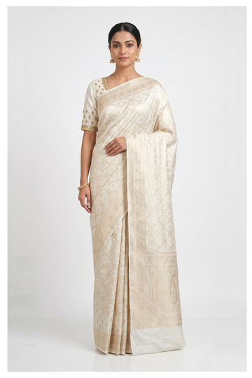 Ivory Banarasi Silk Saree With Weaving