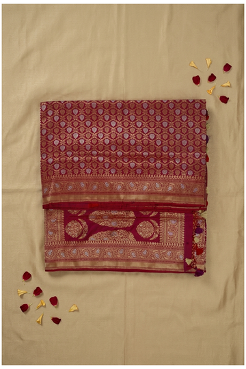 Royal Magenta Banarasi Pure Silk Saree With All Over Butta & Rich Paisley Pallu