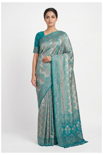 Teal South Silk Tissue Saree For Wedding & Partywear