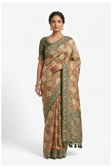 Olive Green South Silk Tissue Pure Silk Wedding Party Wear Saree