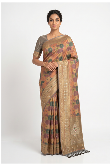 Muted Peach South Silk Art & Tissue Wedding & Partywear Saree