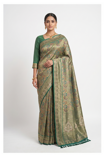 Olive Green South Silk Art Silk Wedding Saree