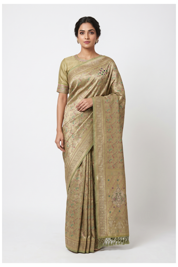 Pale Olive Green South Silk Art Tissue Wedding Partywear Saree