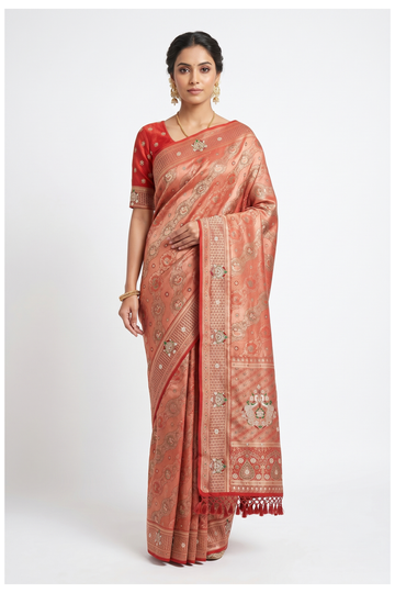 Rust South Silk Art Tissue Wedding Partywear Saree