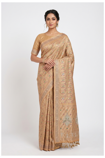 Champagne South Silk Art Silk Tissue Silk Wedding Partywear Saree