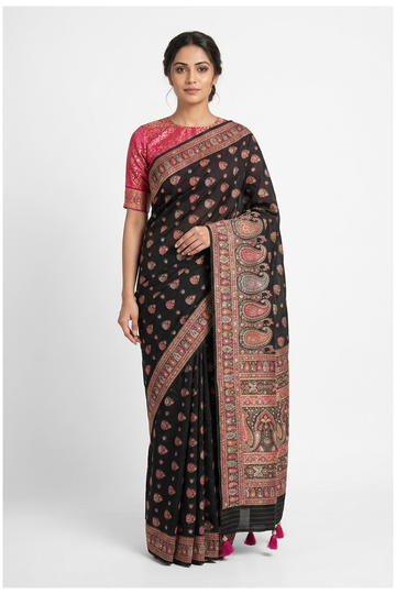 Black Banarasi Art Crepe Silk Wedding Party Wear Saree
