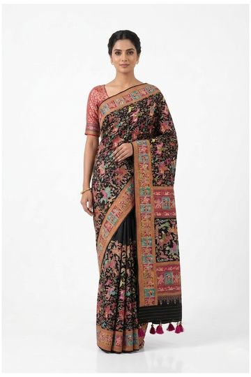 Black Banarasi Crepe Art Silk Wedding Party Wear Saree