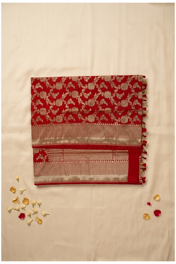 Elegant Crimson Banarasi Pure Silk Saree With All Over Floral Zari Jaal