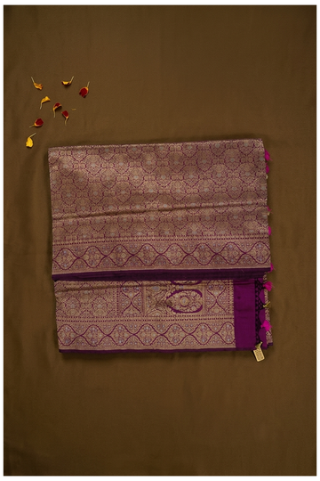 Royal Plum Banarasi Pure Silk Saree With All Over Floral Zari Jaal & Paisley Pallu