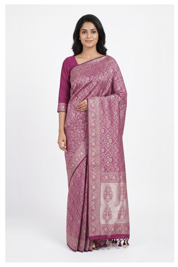 Wine Banarasi Crepe Silk Saree With Jaal Weaving