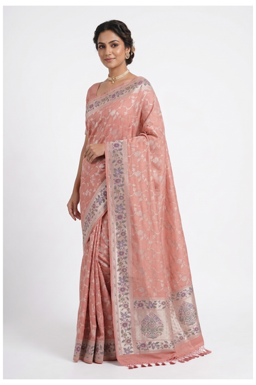 Coral Banarasi Silk Saree With Jaal Weaving