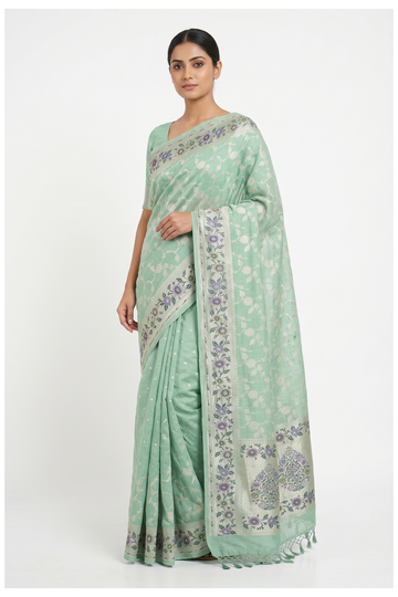 Mint Green Pure Banarasi Silk Saree With Weaving