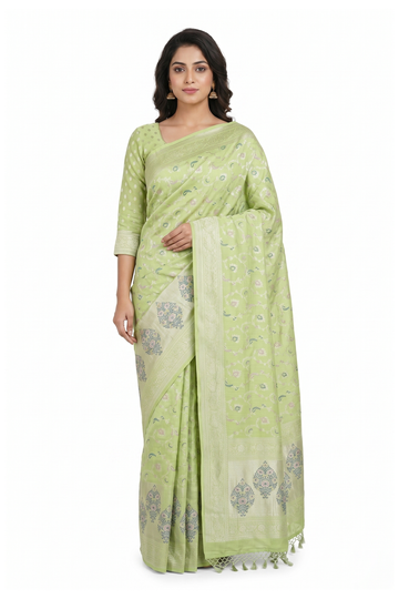 Pistachio Green Banarasi Silk Saree With Jaal Weaving