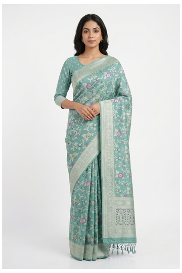 Sea Green Banarasi Silk Saree With Jaal Weaving