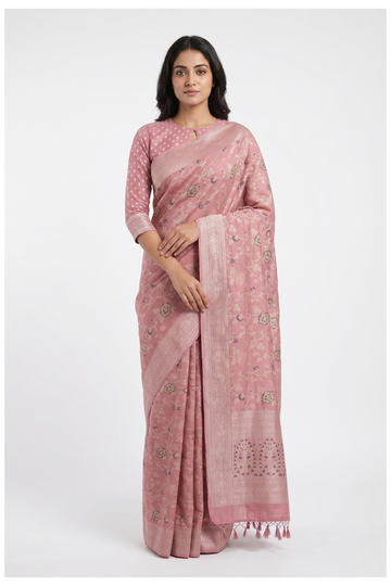 Dusty Rose Banarasi Silk Saree With Jaal Weaving