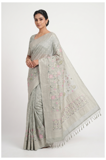 Pale Sage Green Banarasi Silk Saree With Weaving