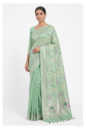 Mint Green Banarasi Silk Saree With Jaal Weaving