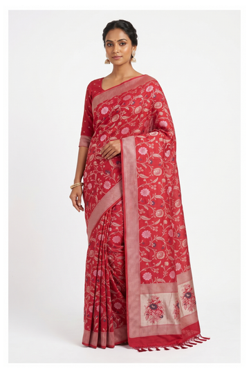 Garnet Red Banarasi Silk Saree With Jaal Weaving