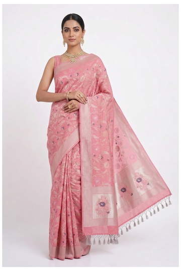 Blush Pink Banarasi Silk Saree With Jaal Weaving