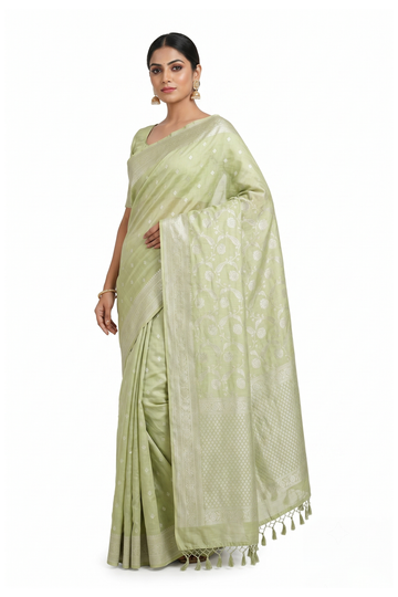 Pistachio Green Banarasi Silk Saree With Jaal Weaving