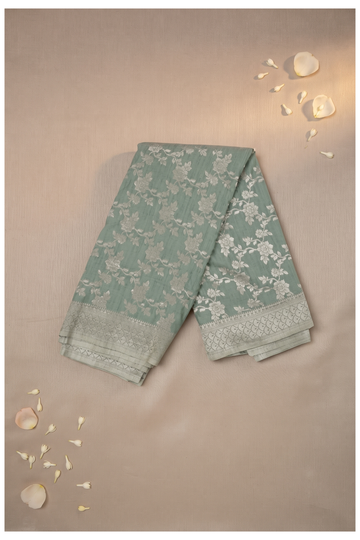 Elegant Sage Green Banarasi Georgette Saree With Silver Zari Floral Jaal