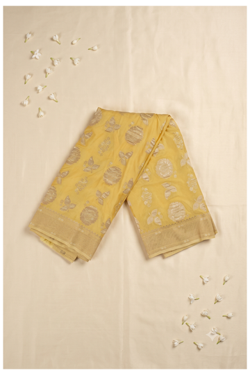 Elegant Mustard Yellow Banarasi Georgette Saree With Gold Zari Floral Weaving