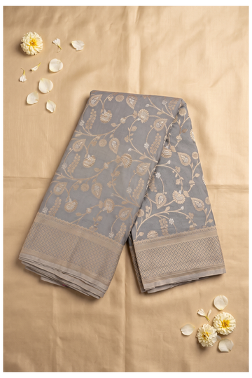 Elegant Grey Banarasi Silk Saree With All-Over Gold Zari Floral Jaal