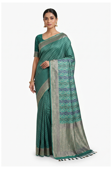 Teal Green Banarasi Silk Saree With Jaal Weaving