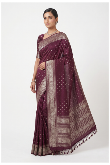 Royal Wine Banarasi Silk Saree With Weaving