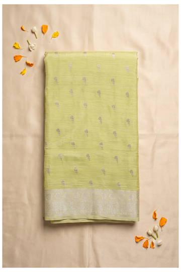 Elegant Pistachio Green Handloom Silk Saree With Silver Zari Butis