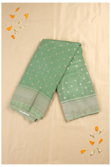 Sage Green Banarasi Chanderi Silk Saree With Silver Zari Buttis