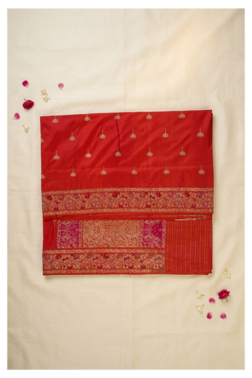 Luxury Vermilion Red Banarasi Pure Silk Saree With Handwoven Floral Zari Border & Designer Pallu