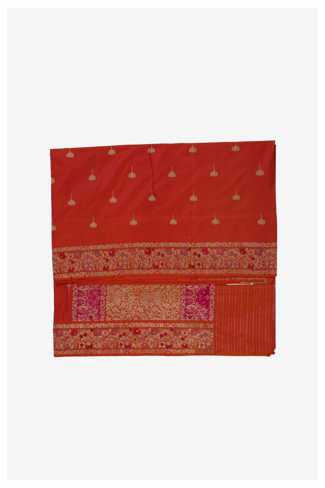 Luxury Vermilion Red Banarasi Pure Silk Saree With Handwoven Floral Zari Border & Designer Pallu
