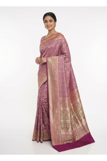 Dark Purple Pure Banarasi Silk Saree With Intricate Zari Jaal Weaving